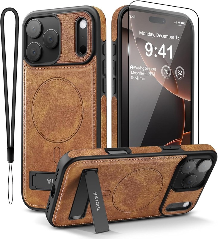 Magnetic for iPhone 17 Pro Leather Case, Built-in Invisible Stand, Brown Cover